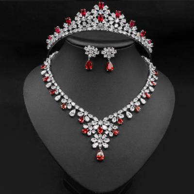 China CLASSIC 18K Gold Plated Flower Shape Cubic Zirconia Evening Wedding Dress Accessories Necklace Earring Bridal Tiara Jewelry Set Copper for sale