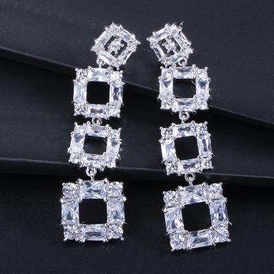 China CLASSIC Gorgeous Luxury Gold Plated Zircon Paved Square Long Drop Dangle Earrings For Women for sale