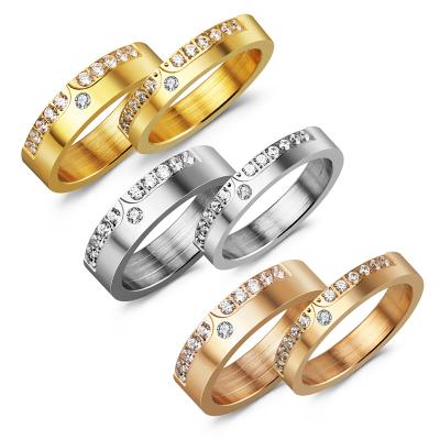 China Romantic Trendy Stainless Steel Jewelry Rings Gold Plated Diamond Wedding Couple Rings for sale