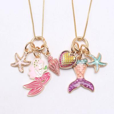 China 2020 Cute Sweet Pink Mermaid Heart Scale Fish Scale Enamel Box Chain Kids Necklace Pendant Chain Necklace for sale