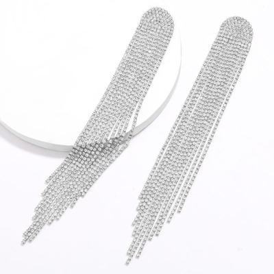 China 2020 New Hiphop Tassel Shape Clear Long Chain Silver Plated Earrings Women Drop Rhinestone Jewelry Wholesale for sale