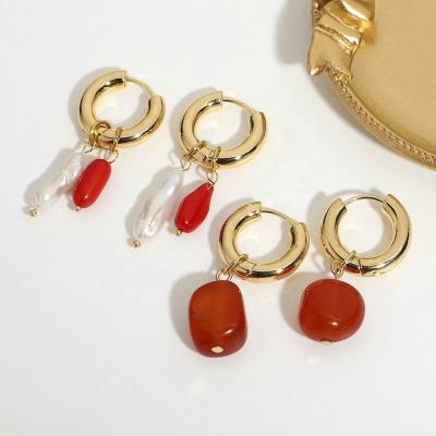 China TRENDY Baroque Red Coral Huggies Pearl Earrings For Women 2021 Natural Stone Crystal Circle Dangle Earrings for sale