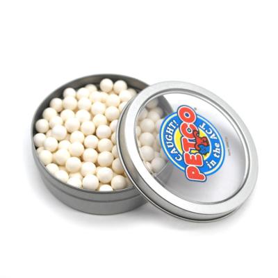 China Small round food 2022 candy tin with clear window on top for sale