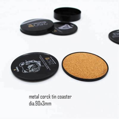 China Beverage Round 90mm Diameter Metal Tin Coaster With Cork On Backside for sale