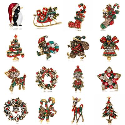 China Deer Santa Claus Enamel Rhinestone Bell Sled Crystal Xmas Gifts Sika Brooches Pin Badge Brooch Pin Christmas Tree Brooches for sale