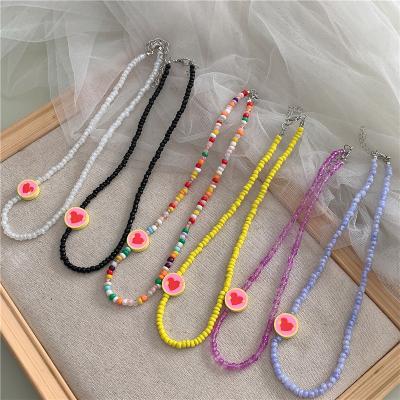 China Women Cute Beaded Handmade Multicolors Fashion INS Fashion Beads Choker Beads Color Pearl Heart Necklace Jewelry for sale