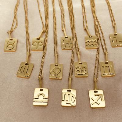 China FASHIONABLE Tasty Zodiac Sign Necklace Stainless Steel 18K Gold Plated Simplicity 12 Card Square Pendant Unique Zodiac Sign Jewelry for sale