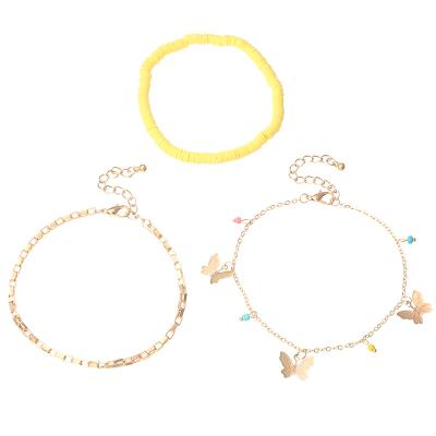 China 2021New BOHEMIA butterfly pendant anklet three pieces set polymer clay yellow gold plated anklet chain for women girls for sale