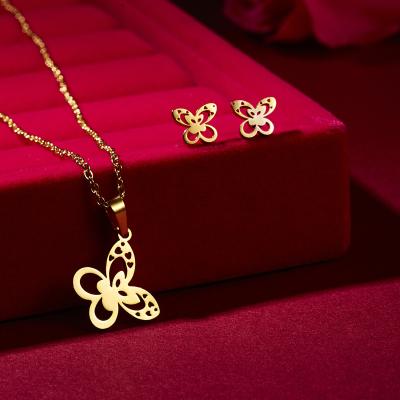 China Charming High Quality Gold Plated Stainless Steel Star Heart Cat Pendant Necklace Earrings Jewelry Set For Women for sale