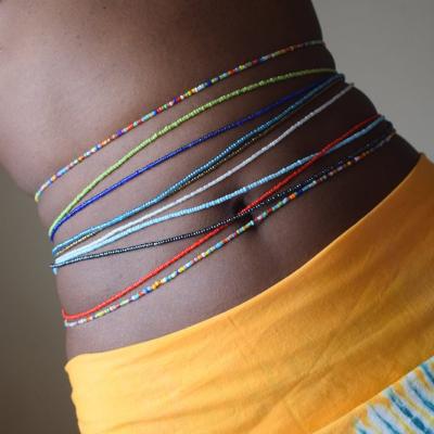 China BOHEMIA 85cm 40 Color Waist African Beads Puff Bohemian Style Body Jewelry Elastic Colorful Rice Bead Waist Chain For Women for sale