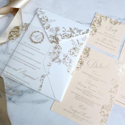 China Simple Acrylic Wedding Invitation Design Of Europe Include Card And Gold Foil RSVP Card for sale