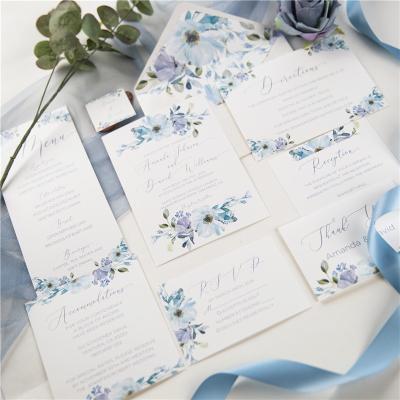 China French blue luxurious doc card invitations. Europe Watercolor Floral Wedding Invitation with Vellum Pockets for sale