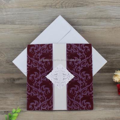 China Wholesale Europe Triple Burgundy Silver Velvet Wedding Invitations for sale