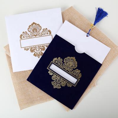 China Hot Sale Europe Blue Velvet Wedding Invitation Card with Tassel and Foiling Printing for sale