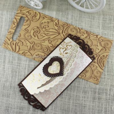 China Europe High Quality Customized Gold Printing Wooden Heart Shaped Wedding Invitation Card for sale