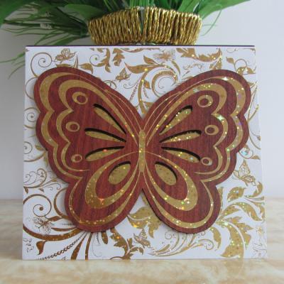 China Europe 2021 Latest Square Gold Wedding Invitation Wooden Butterfly Design for sale