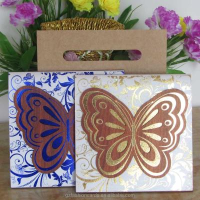 China Europe Blue Gold Butterfly Wedding Invitation Bengali Wooden Card for sale