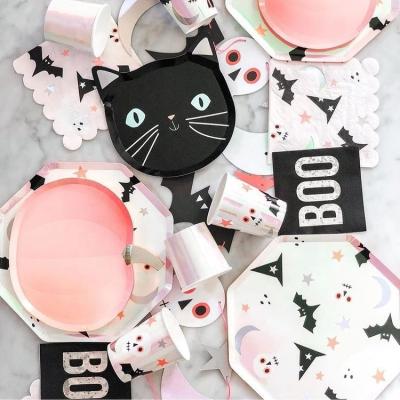 China Halloween Party Modern Black Kitty Cat Head Shaped Paper Plates Personalization for sale