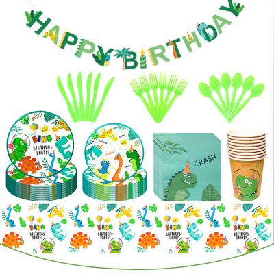 China Dinosaur Cartoon Dinosaur Birthday Paper Party Plates Cups Napkins Tableware Set Disposable Tableware Set for sale