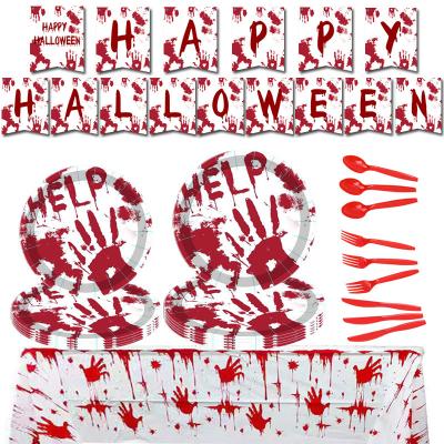 China Modern Bloody Disposable Party Tablecloth Happy Halloween Party Handprint Halloween Paper Plate Set for sale