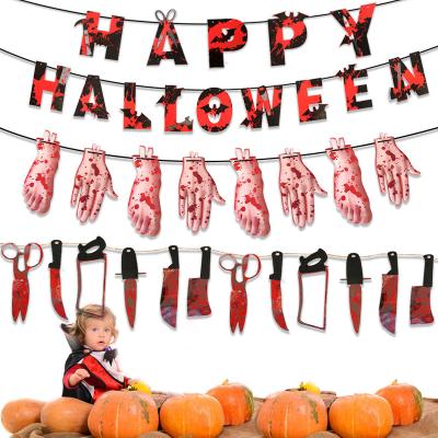 China Halloween Decoration Happy Halloween Banner With Red Horror Blood Knife Hand For Halloween Party Decorations for sale