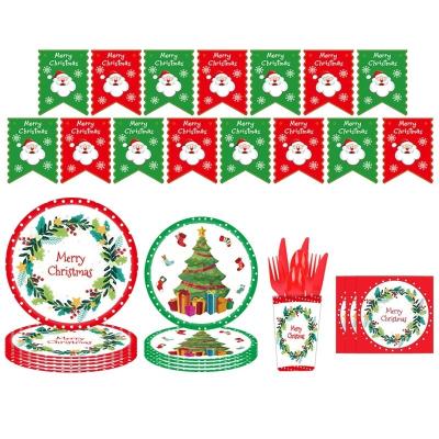 China 2022 Modern Merry Christmas Party Gift Banner Santa Claus Christmas Tree Tablecloth Dish Cup Cutlery Set for sale