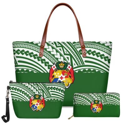 China Normcore / Minimalist Tonga Style 3Pcs Clips ND Handbags New Design Green Polynesian Tribal Handbags Set Women Exclusive Custom Tote Handbags for sale