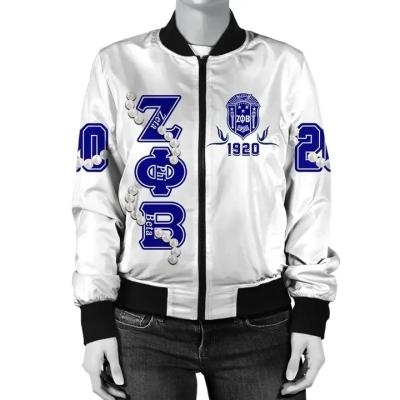 China White Crop Bomber Jacket Women Zeta Phi Beta Pearls Pattern Custom Girls Bomber Jacket Women QUICK DRY Wholesale Price for sale