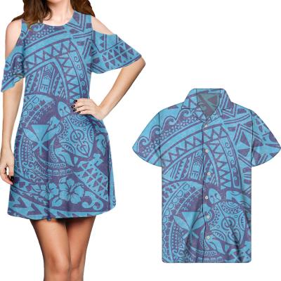 China Breathable Custom Polynesian Tribal Stylish Two Piece Print Dress And T-shirt Couples Clothing Sets Casual Elegant Women Dresses for sale