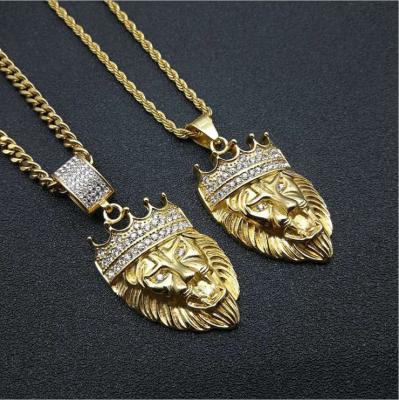 China Hiphop Crown Lion Head Necklace HipHop Lion Head Charm Pendant Stainless Steel Jewelry for sale