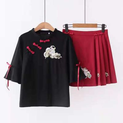 China New Summer Women's Blouse Sleeve Small Fresh Pleated Skirt Suit Chinese Style Breathable Medium T-shirt for sale