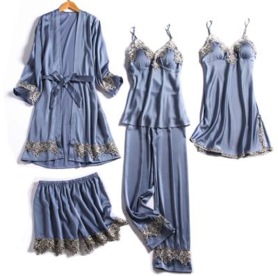 China Luxury Women's 5pcs Long Robe Lace Satin Long Robe Set High Quality Silk Sleepwear QUICK DRY Nightwear For Women for sale