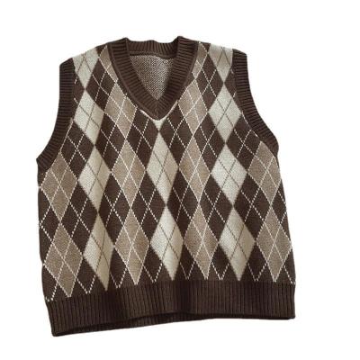 China Custom high quality knitted women s sleeveless sweater Anti-wrinkle contrast multiple color gridVest for sale