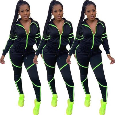 China Fluorescent Green Stripe Zipper Jacket Coat Suit Sport Wear Long Pants Women Sustainable Stylish Two Piece Set Clothing for sale