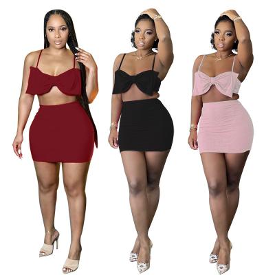 China Sweet Plus Size Bow Design Knitted Plus Top and Mini Skirts Set Two Piece Halter Crop Outfits 2 Piece Suit Sets For Women - Pint for sale