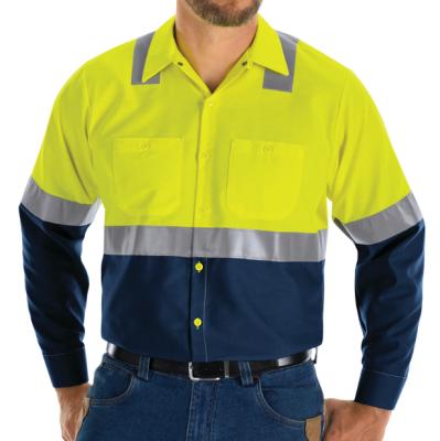 China Mens Yellow Visiblility Anti-Wrinkle Long Tone Navy Two Sleeves Color Block Ristop Hi-Fi Work Shirt for sale