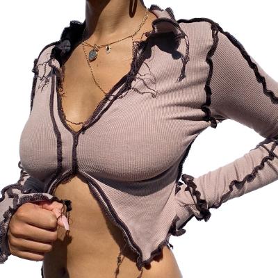 China Breathable Long Sleeve Knit Top Woman Femme Elegant Crop Top Spring Crop T-shirt Blouse Tops 2021 EDOSIR for sale