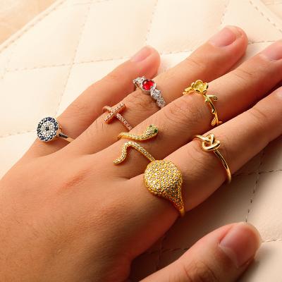 China FASHION Zircon Gold Plated Flower Bowknot Heart Snake Cross Circle Shape Adjustable 925 Sterling Silver Rings Jewelry Women for sale