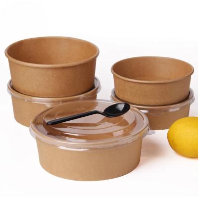 China Waterproof Customize Printing Biodegradable Disposable Food Brown Round Wrapping Paper Salad Bowl With Pet PP Paper Lid for sale