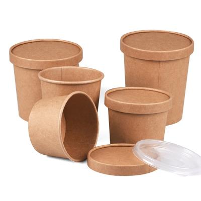 China Waterproof To Customize Printing Biodegradable Disposable Food Brown Paper Soup Bucket Hot Bowl And With PP Paper Lid for sale