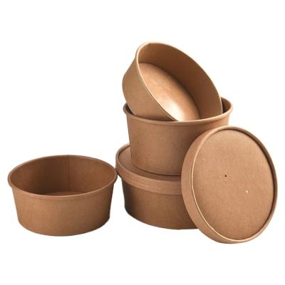 China Waterproof Customize Printing Biodegradable Disposable Food Brown Round Wrapping Paper Salad Bowl With Pet PP Paper Lid for sale