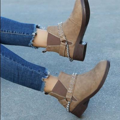 China Factory Best Selling Waterproof Cowboy Slip On Ankle Metal Chain Martin Boots Round Top Women Boots for sale