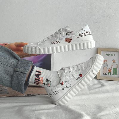 China Custom Made Breathable White Women's Shoes Women's Round Spring Link News Leisure Flat Bottom Printing Lace-up Shoes for sale