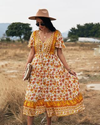 China SS21 Hot Sale QUICK DRY Women'S V-Neck Floral Print Border Floral Casual Bohemian Dresses for sale