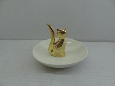 China Weißer Porzellan-Schmuck-Halter mit glänzender goldener reizender Katze für Valentinstag-Geschenk zu verkaufen