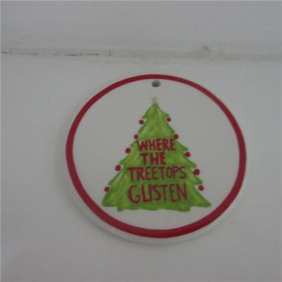 China Ceramic Xmas Hanging Pendant Plate With Ribbon And Printing Design for sale