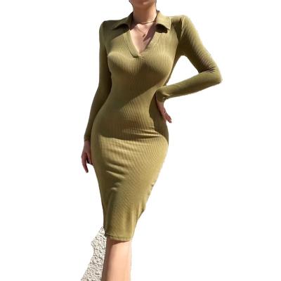 China 2022 new Anti-wrinkle lapel swept deep v-neck knitted bag hip dress long bodycon skirt dress female hot girl nc sexy tight hip dress female for sale