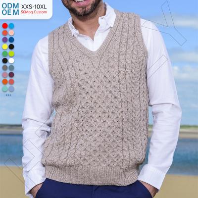 China New Anti-Wrinkle Men's Wool Casual V-Neck 100% Pure Wool Vest Honeycomb And Cable Knitted Windproof Sweater for sale