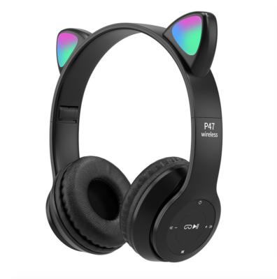 China Hot Selling P47M Headband Cute Cat Ear Foldable Headphone LED Light Up Stereo Gaming Wireless Headset With MIC for sale