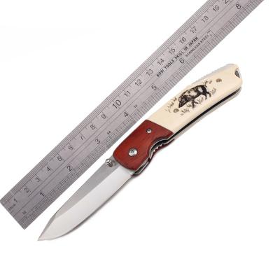 China Thumb Knob OEM Folding Knife With Transfer Printing Pattern Wooden Inlay Handle EDC Plastic Camping Survival Knife H-K2370399 for sale